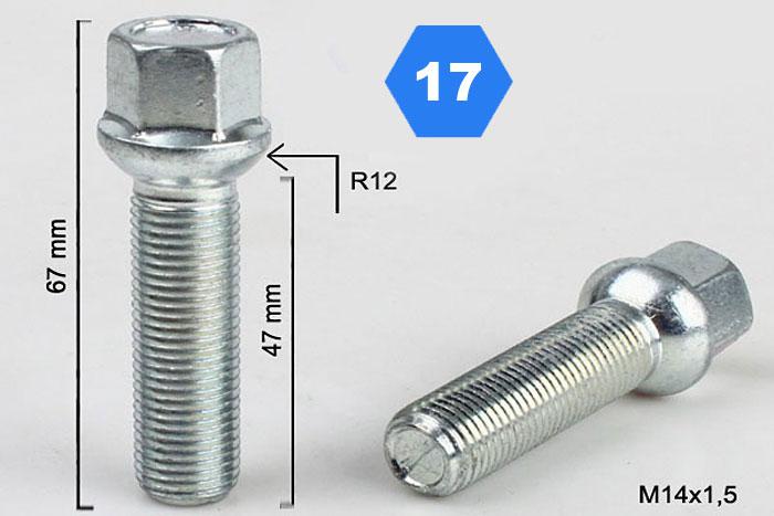 M14x1,5, Radius 12, Wielbout radius, Draadlengte 47mm, SW 17, o.a. Mercedes